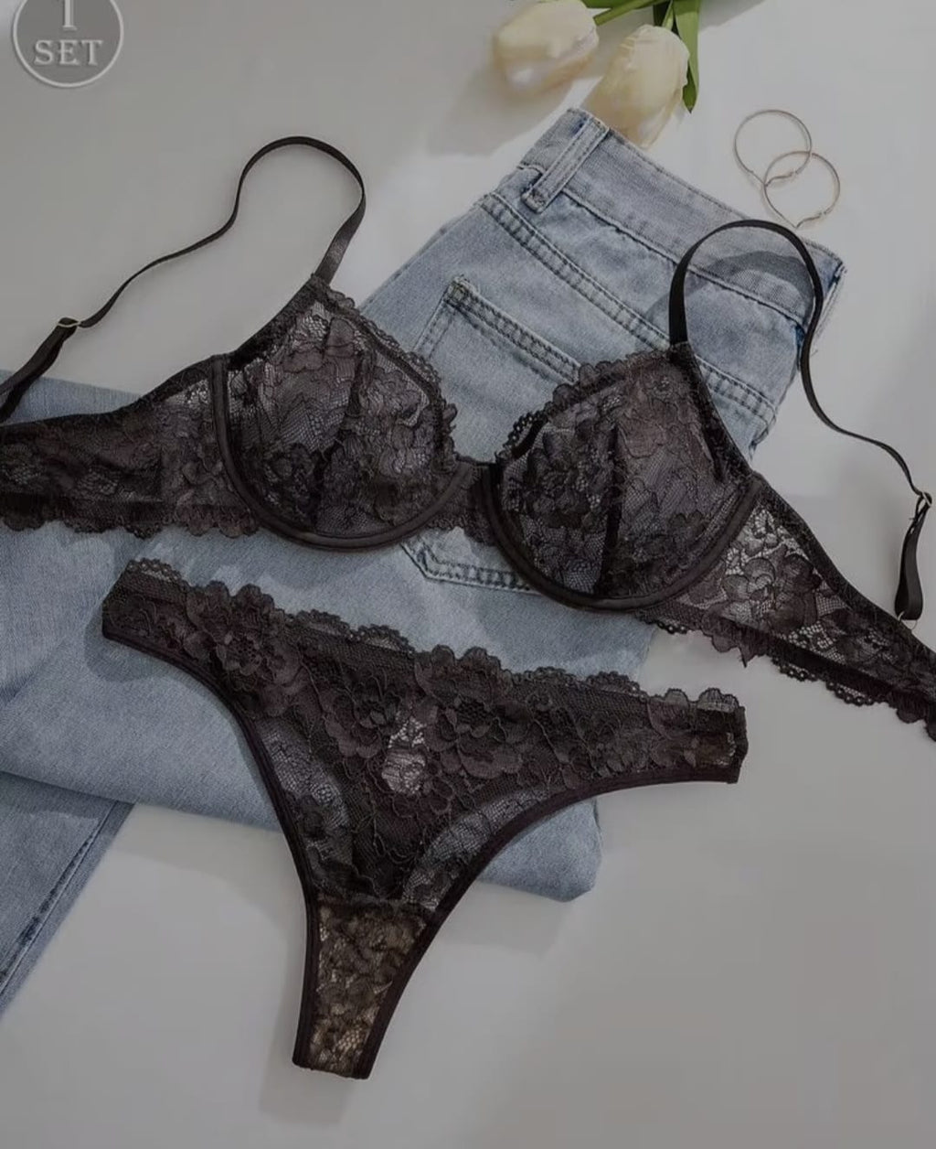 Tranparent UltraThin Floral Emroidery Bra Set