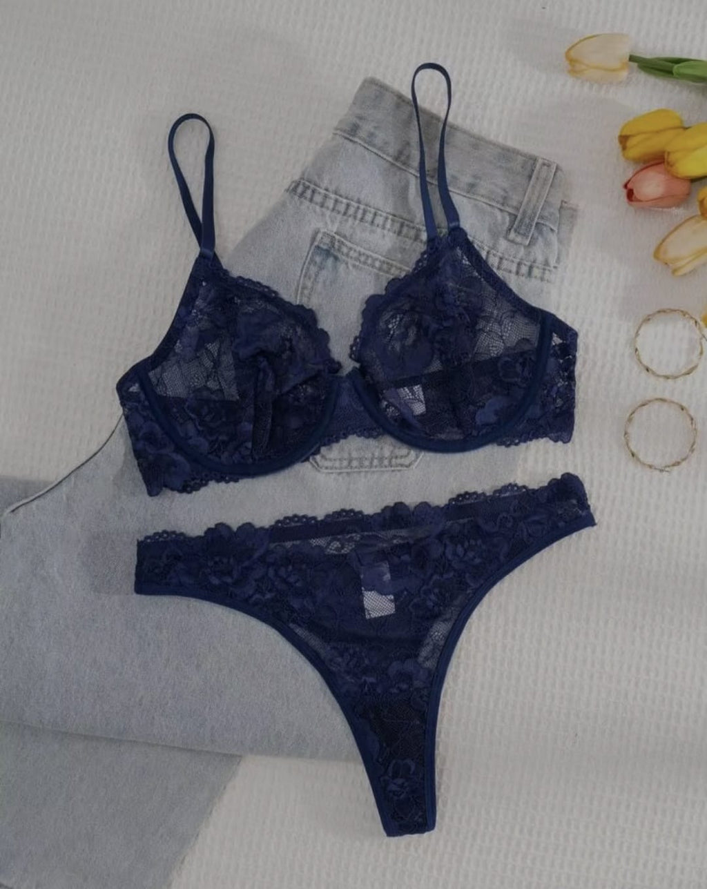 Tranparent UltraThin Floral Emroidery Bra Set
