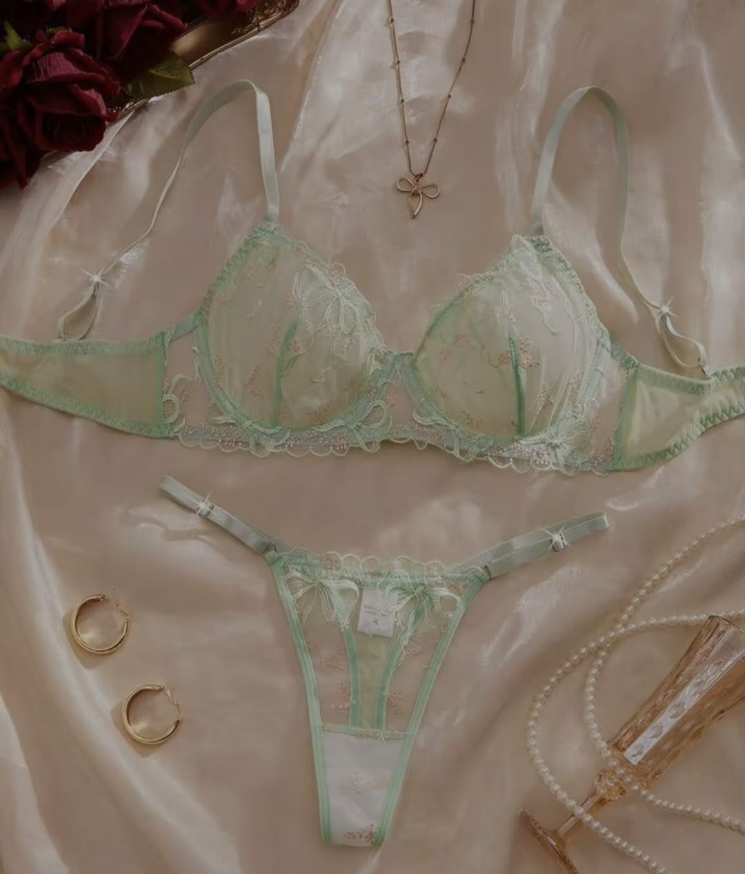 Tranparent UltraThin Floral Emroidery Bra Set