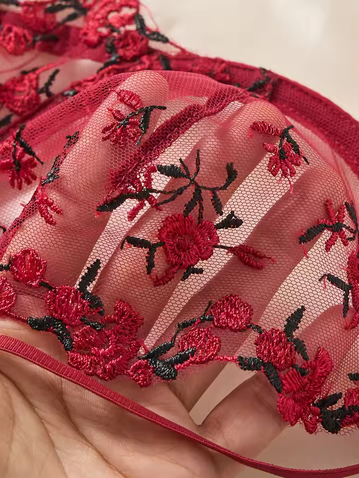 Wine Red Floral Lace 2-Piece Set.