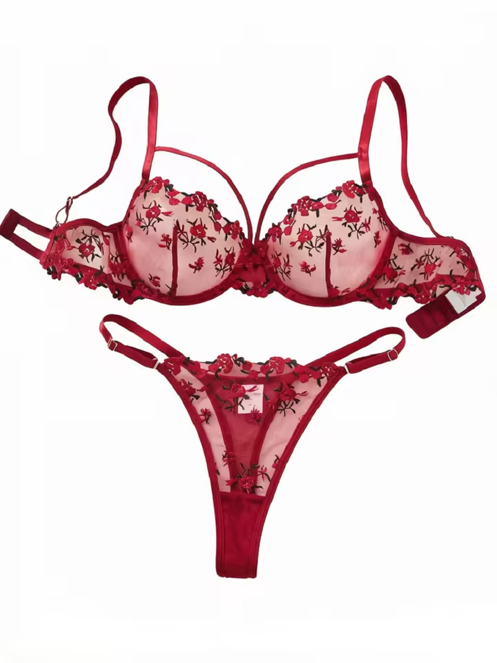 Wine Red Floral Lace 2-Piece Set.