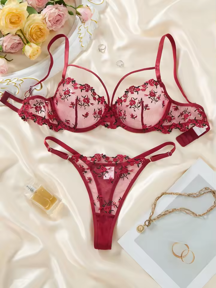 Wine Red Floral Lace 2-Piece Set.