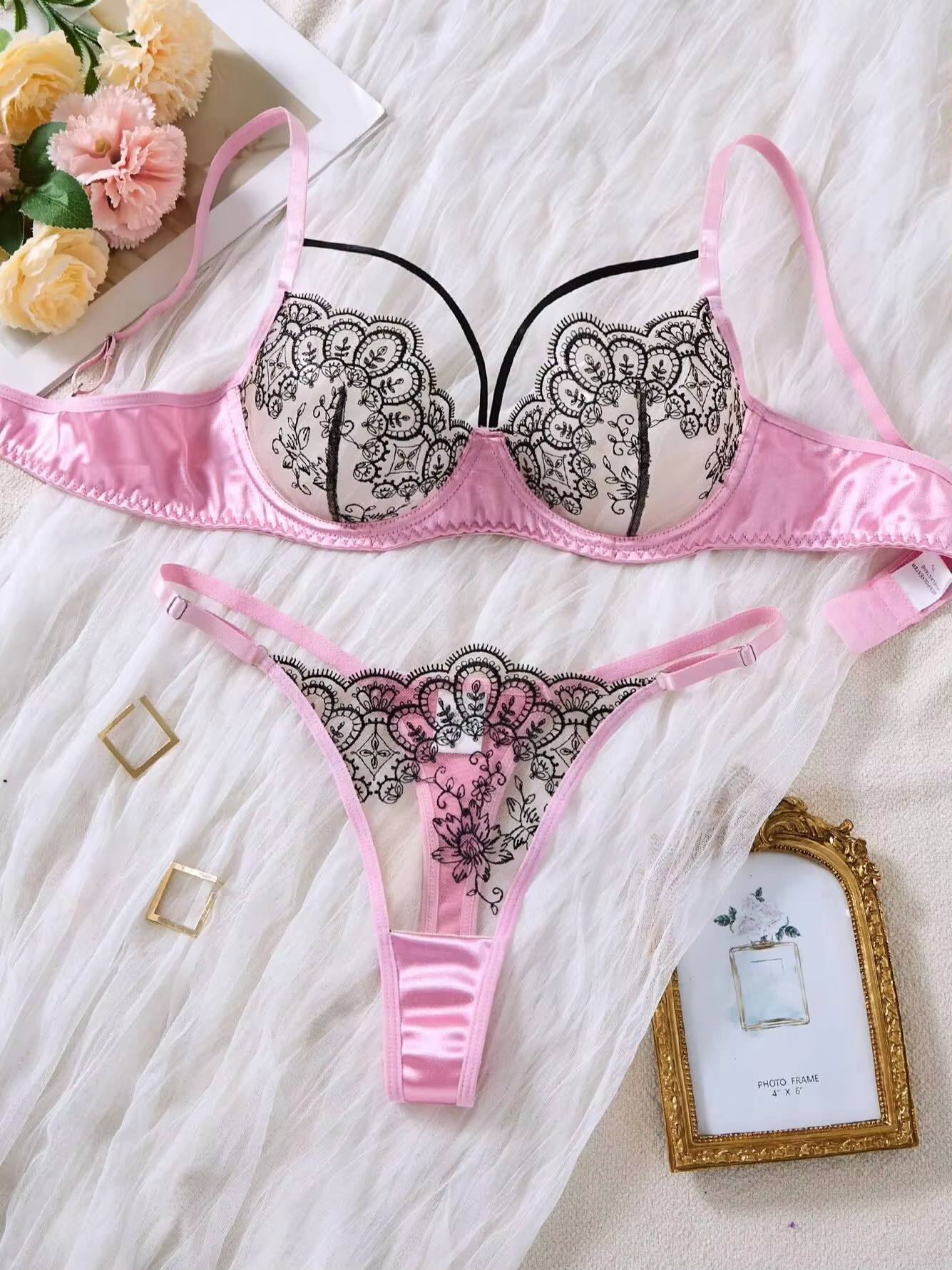 Pink Contrast Lace 2-Piece Set.