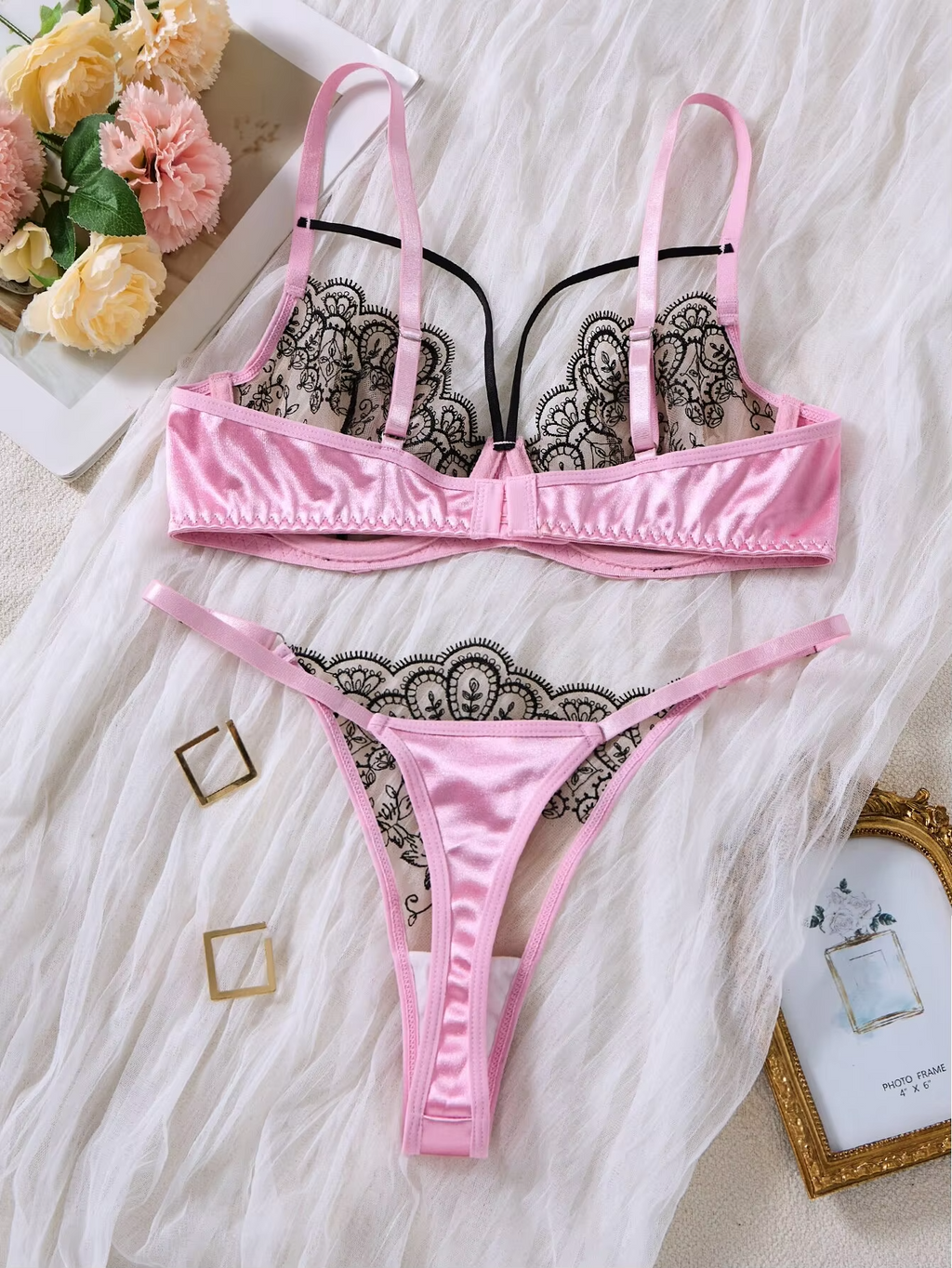 Pink Contrast Lace 2-Piece Set.